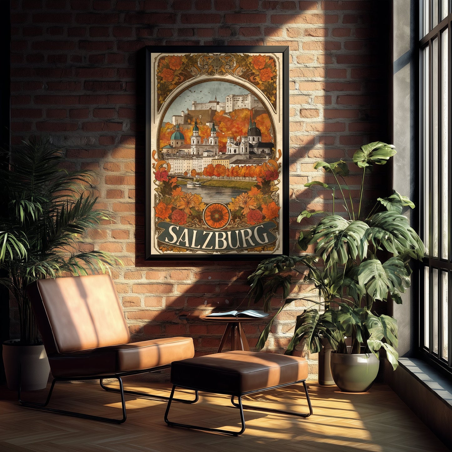 Salzburg Art Nouveau Travel Poster - Austria Art Print - Vintage City Illustration - Autumn Floral Cityscape 2/3
