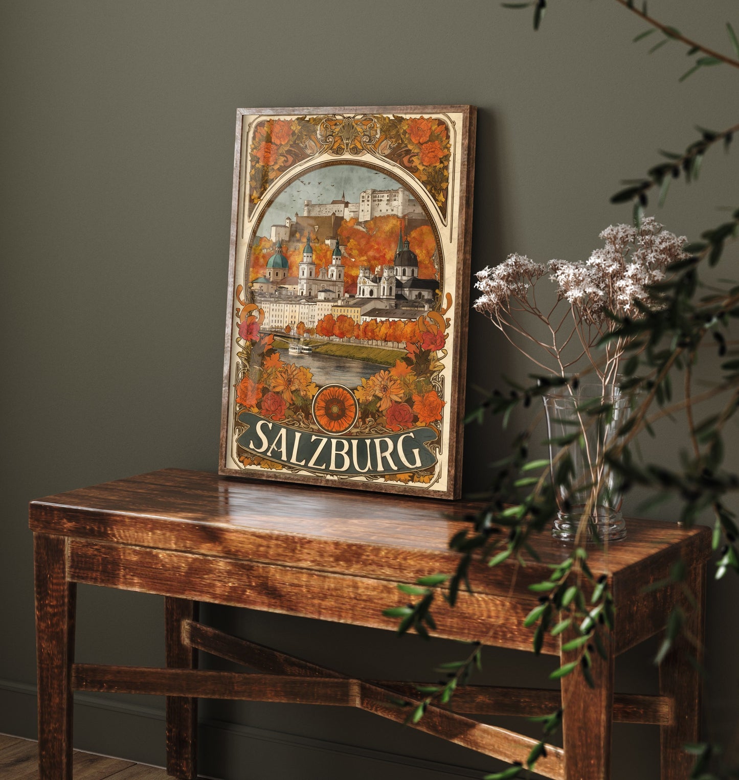 Salzburg Art Nouveau Travel Poster - Austria Art Print - Vintage City Illustration - Autumn Floral Cityscape 2/3