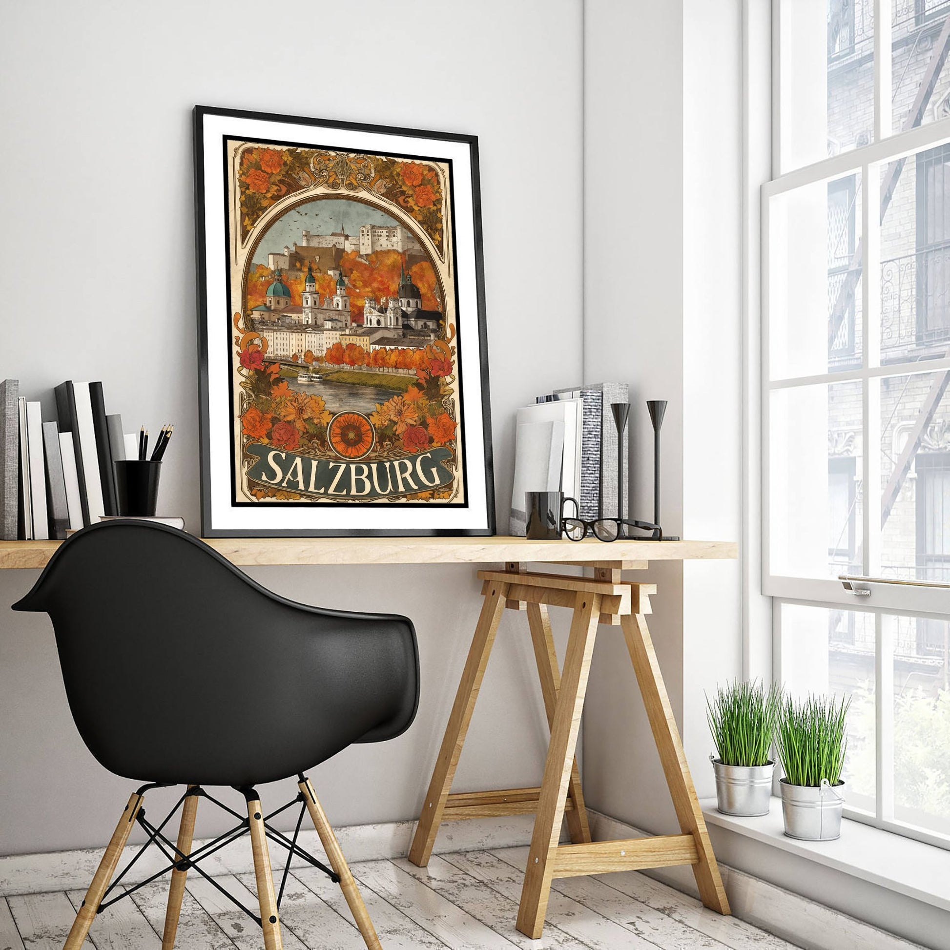 Salzburg Art Nouveau Travel Poster - Austria Art Print - Vintage City Illustration - Autumn Floral Cityscape 2/3