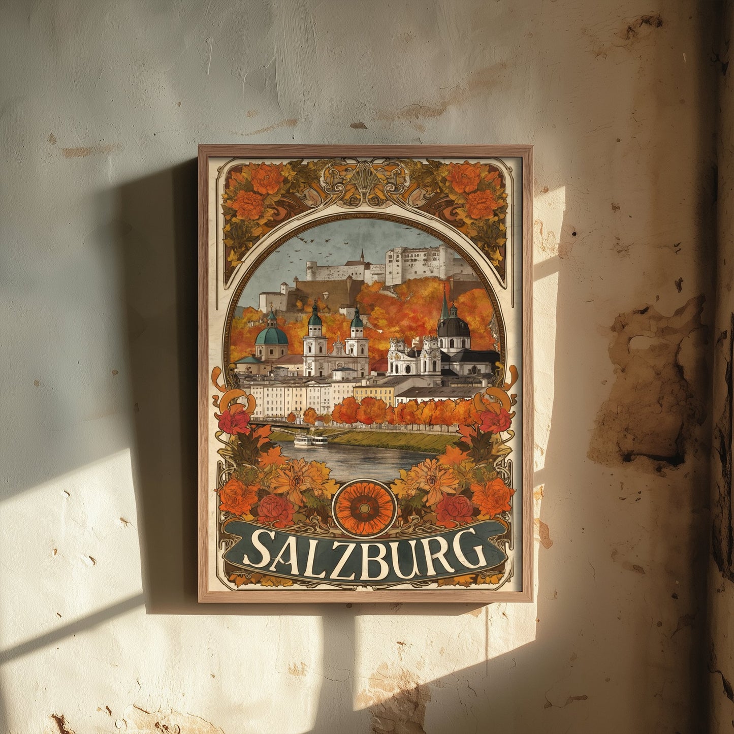 Salzburg Art Nouveau Travel Poster - Austria Art Print - Vintage City Illustration - Autumn Floral Cityscape 2/3