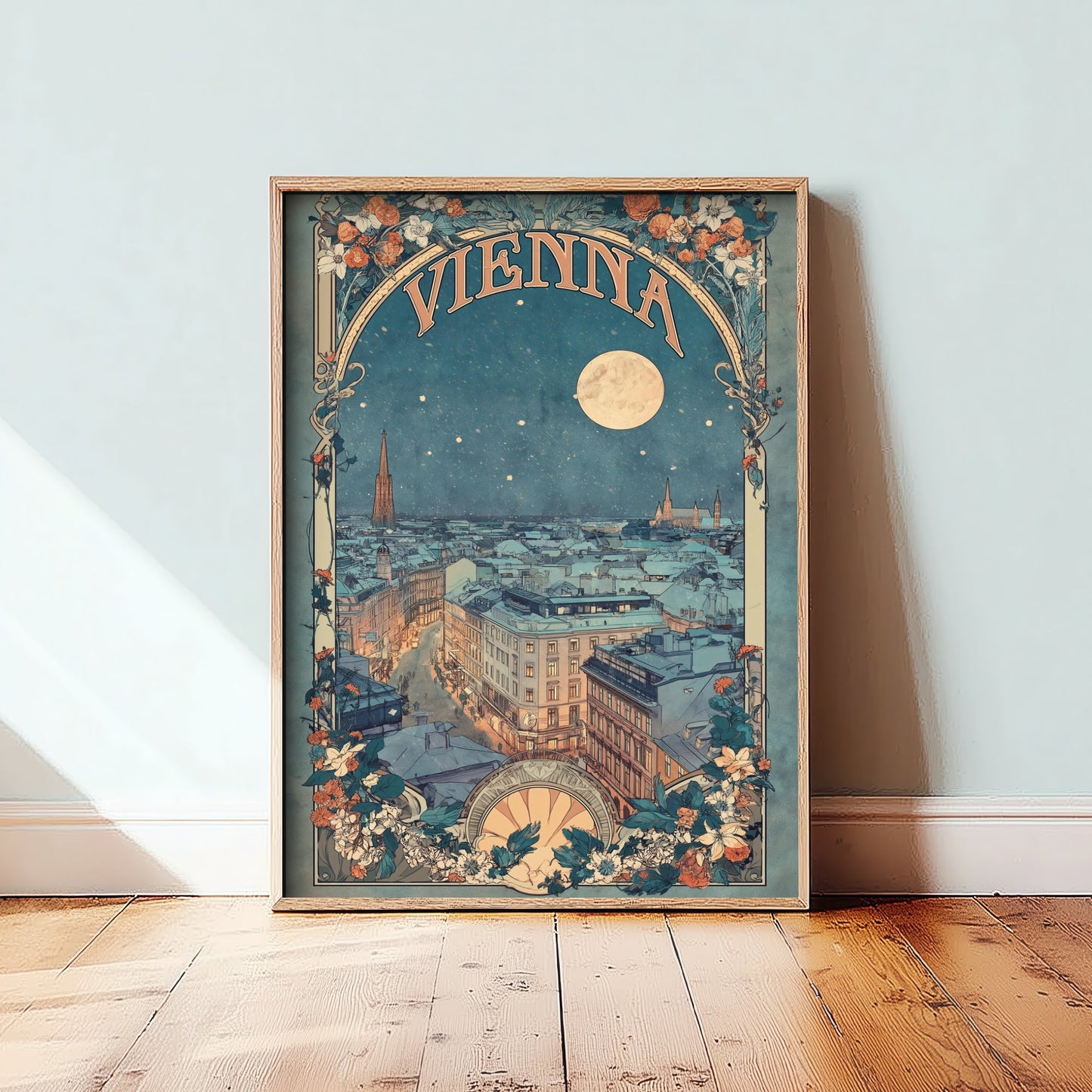 Vienna Art Nouveau Travel Poster - Austria Art Print - Vintage Night City Illustration - Ornate Moonlit Skyline 3/3