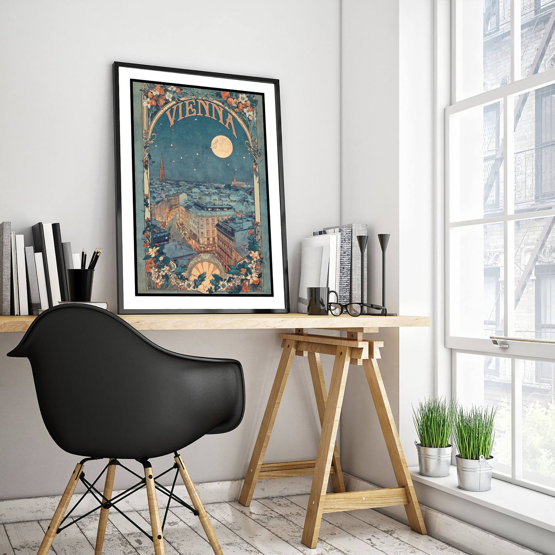 Vienna Art Nouveau Travel Poster - Austria Art Print - Vintage Night City Illustration - Ornate Moonlit Skyline 3/3
