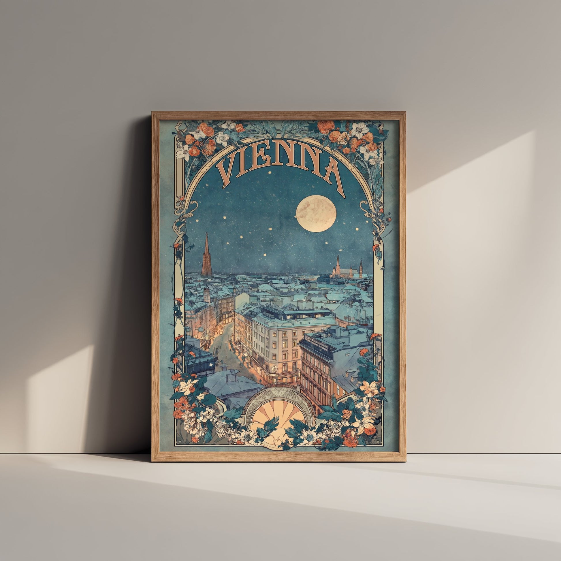 Vienna Art Nouveau Travel Poster - Austria Art Print - Vintage Night City Illustration - Ornate Moonlit Skyline 3/3