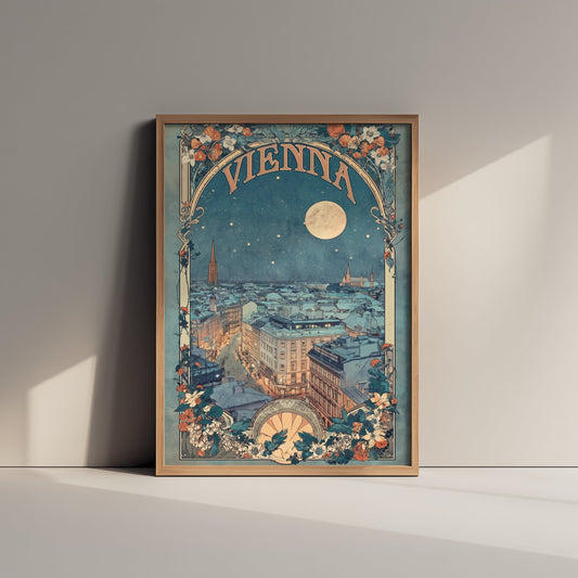 Vienna Art Nouveau Travel Poster - Austria Art Print - Vintage Night City Illustration - Ornate Moonlit Skyline 3/3