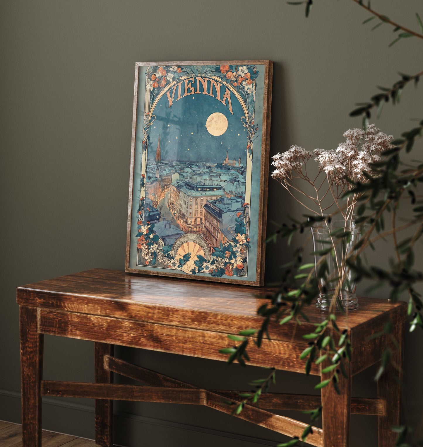 Vienna Art Nouveau Travel Poster - Austria Art Print - Vintage Night City Illustration - Ornate Moonlit Skyline 3/3