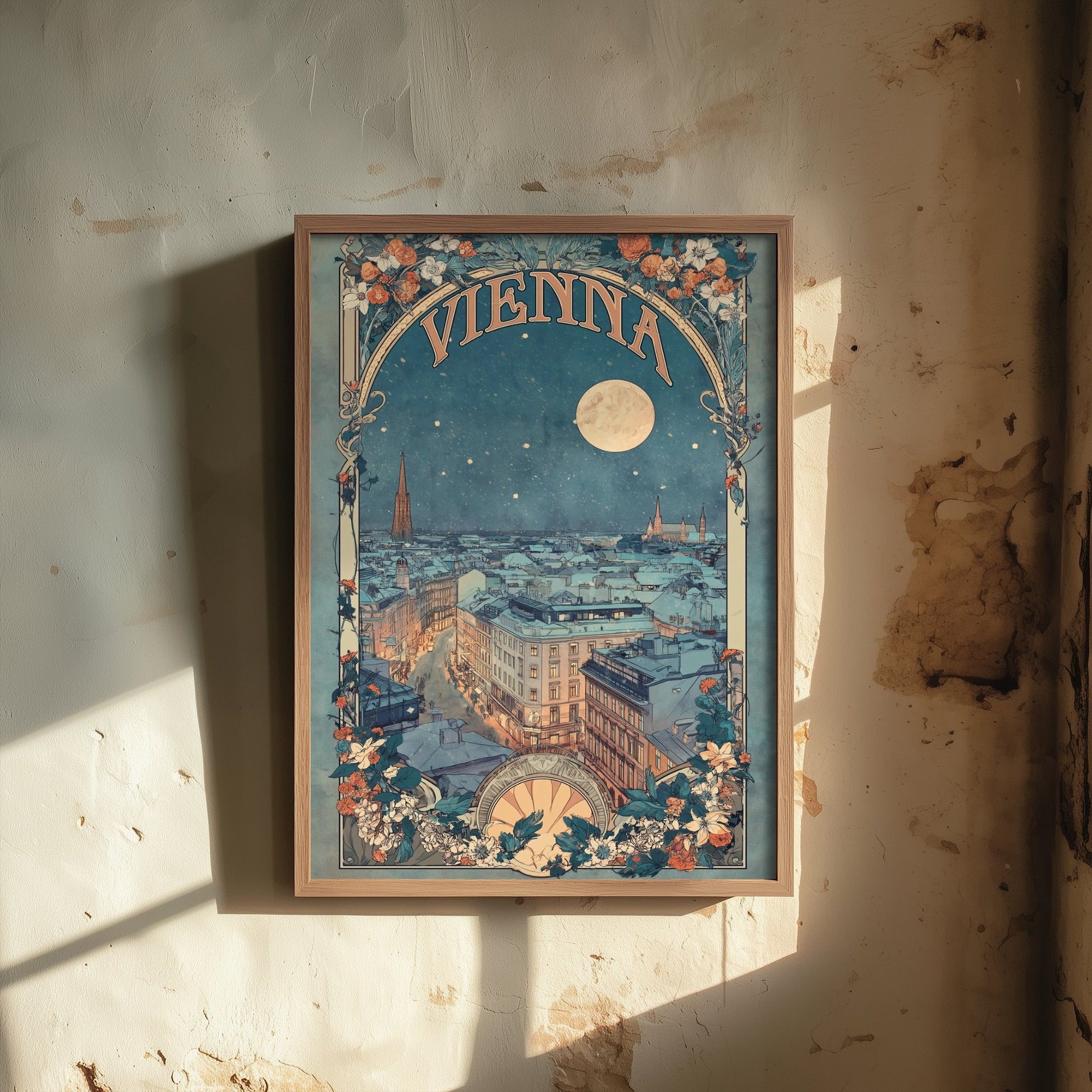 Vienna Art Nouveau Travel Poster - Austria Art Print - Vintage Night City Illustration - Ornate Moonlit Skyline 3/3