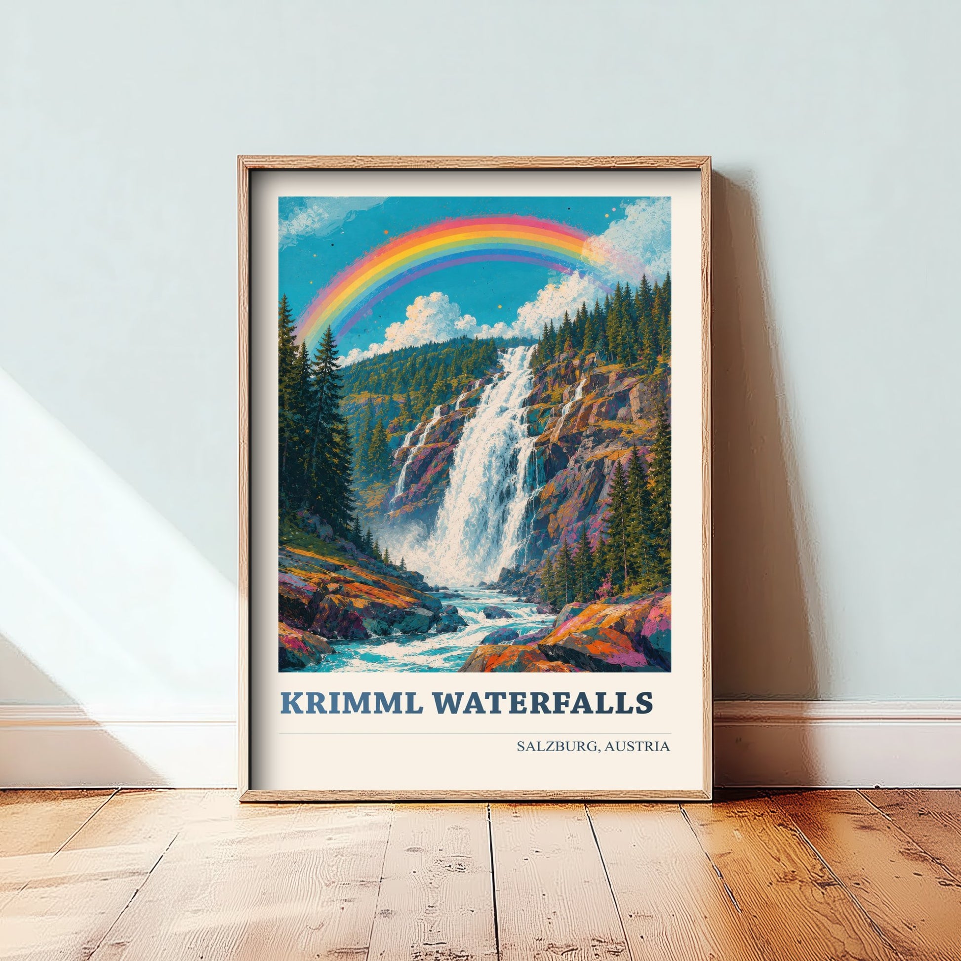 Krimml Waterfalls Travel Poster - Salzburg Austria Art Print - Alpine Painting - Vibrant Rainbow Falls V2 2/3