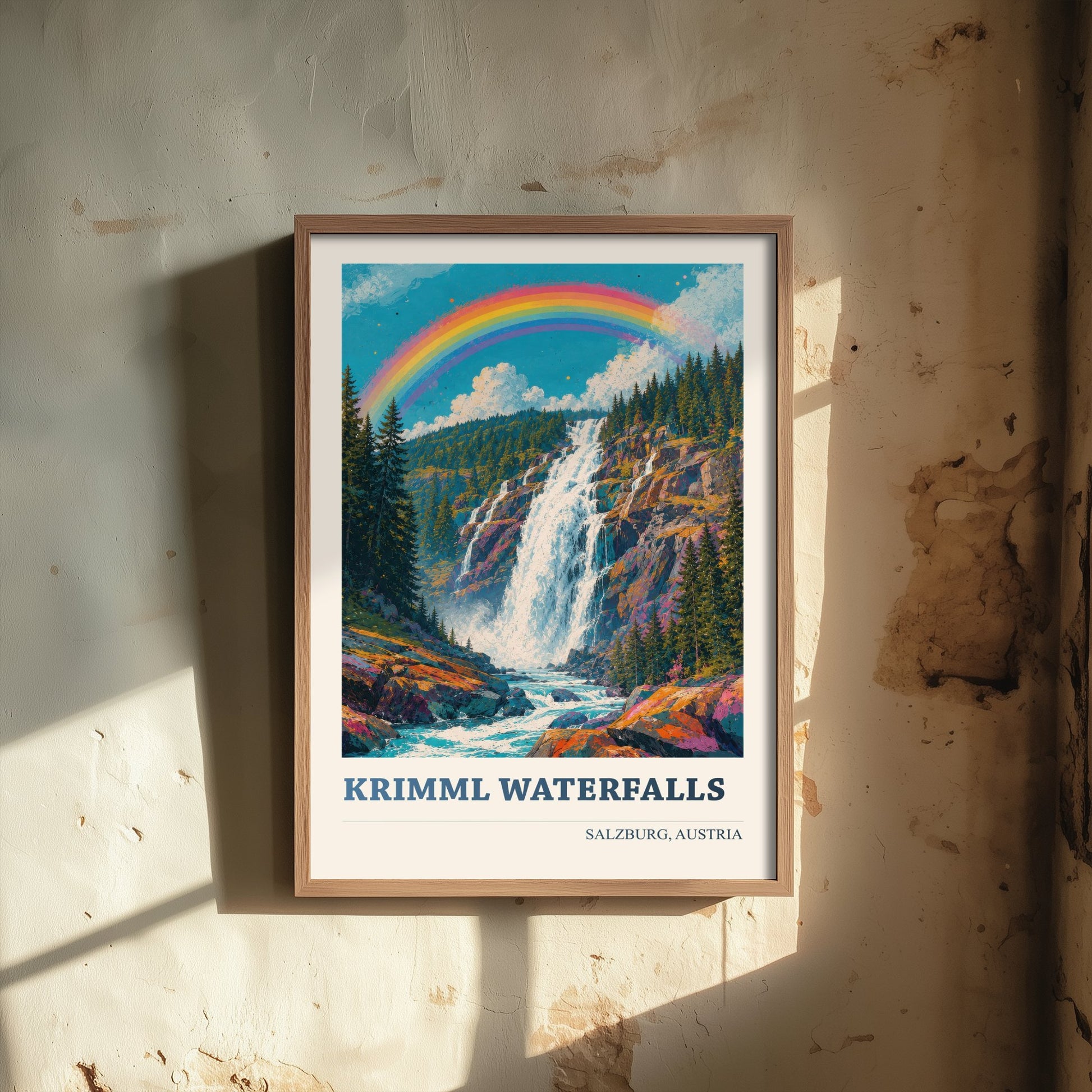 Krimml Waterfalls Travel Poster - Salzburg Austria Art Print - Alpine Painting - Vibrant Rainbow Falls V2 2/3