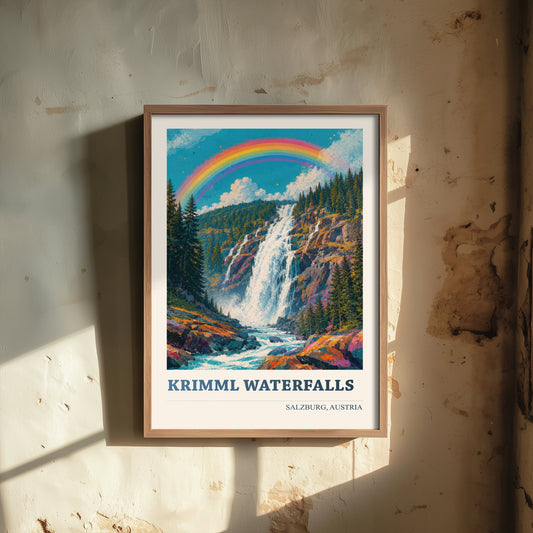 Krimml Waterfalls Travel Poster - Salzburg Austria Art Print - Alpine Painting - Vibrant Rainbow Falls V2 2/3