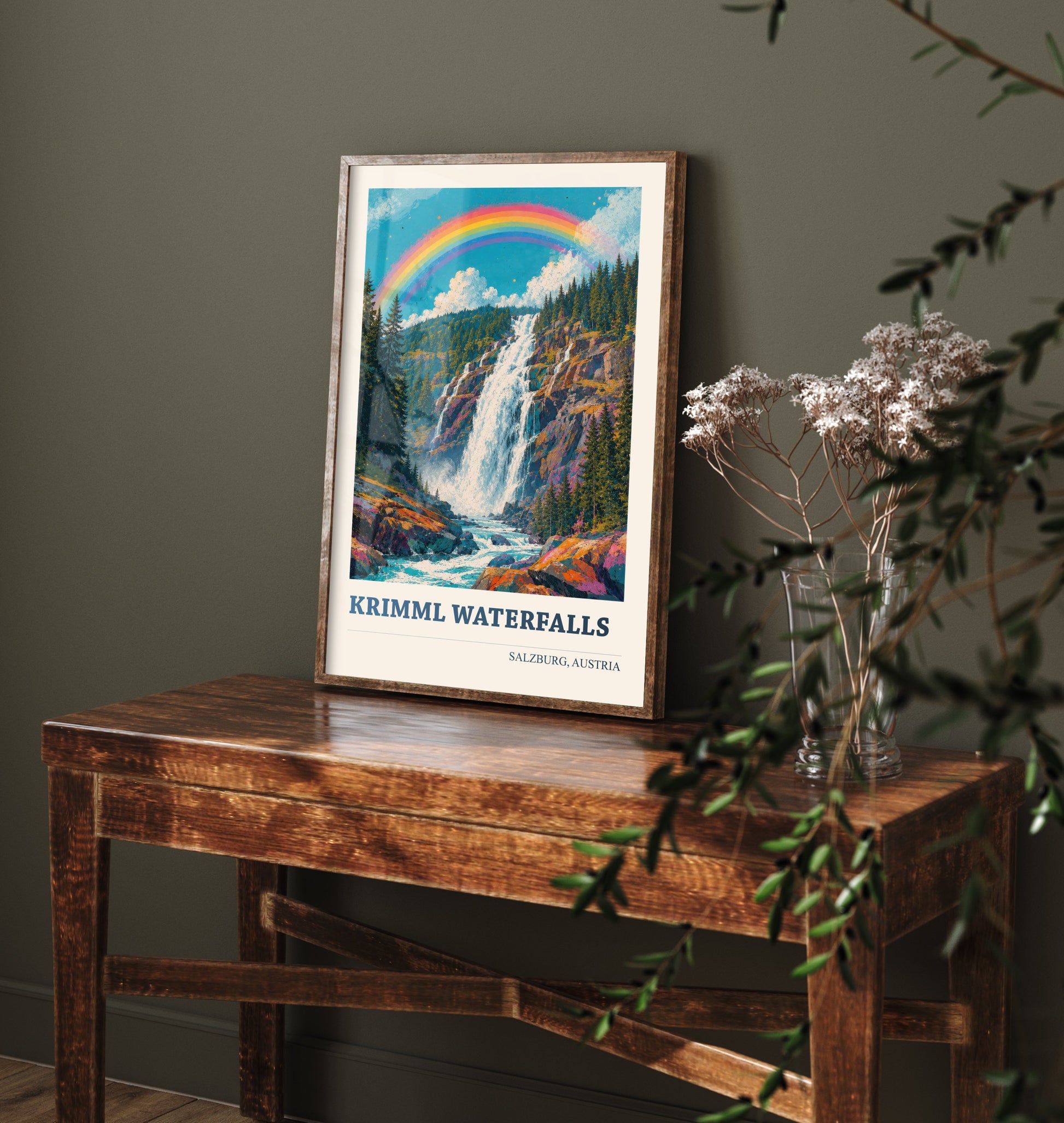 Krimml Waterfalls Travel Poster - Salzburg Austria Art Print - Alpine Painting - Vibrant Rainbow Falls V2 2/3