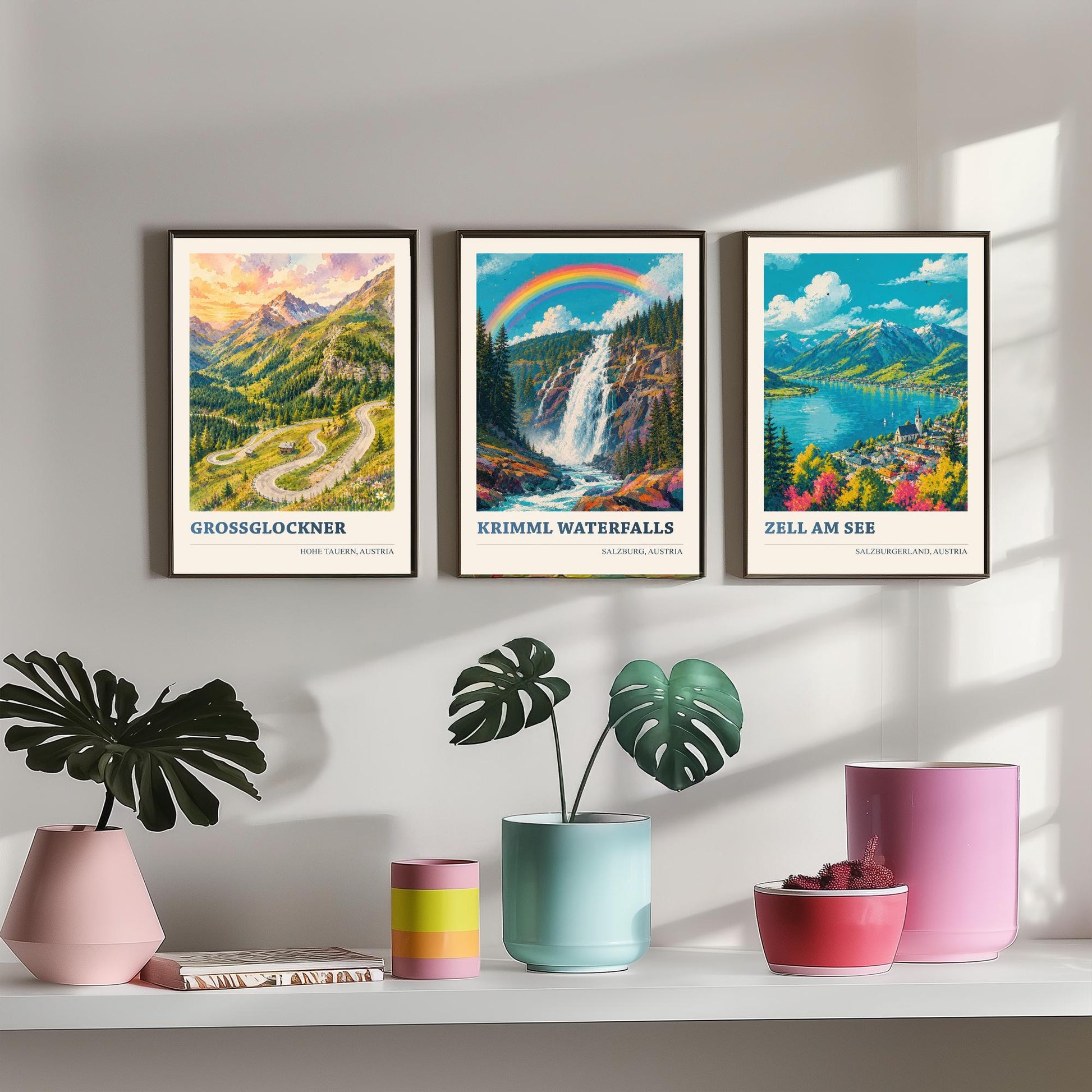 Austria Alps Set of Three Prints | Grossglockner Krimml Waterfalls Zell am See | Rainbow Alpine Painting Posters Wall Art V2