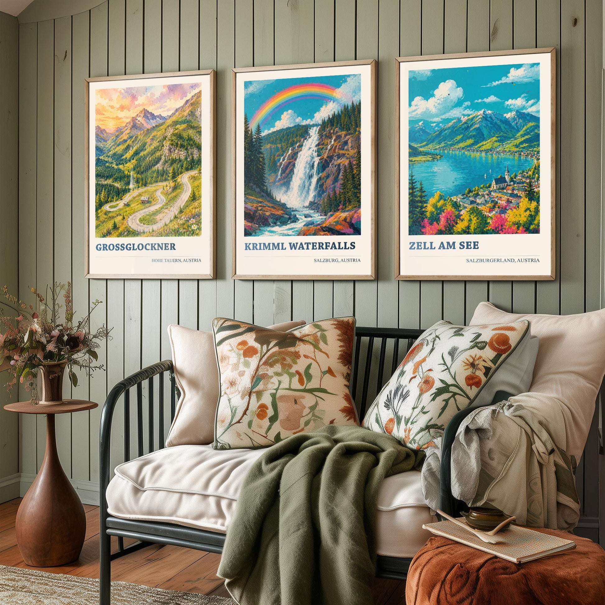 Austria Alps Set of Three Prints | Grossglockner Krimml Waterfalls Zell am See | Rainbow Alpine Painting Posters Wall Art V2