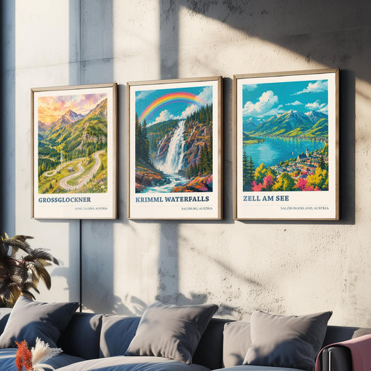 Austria Alps Set of Three Prints | Grossglockner Krimml Waterfalls Zell am See | Rainbow Alpine Painting Posters Wall Art V2