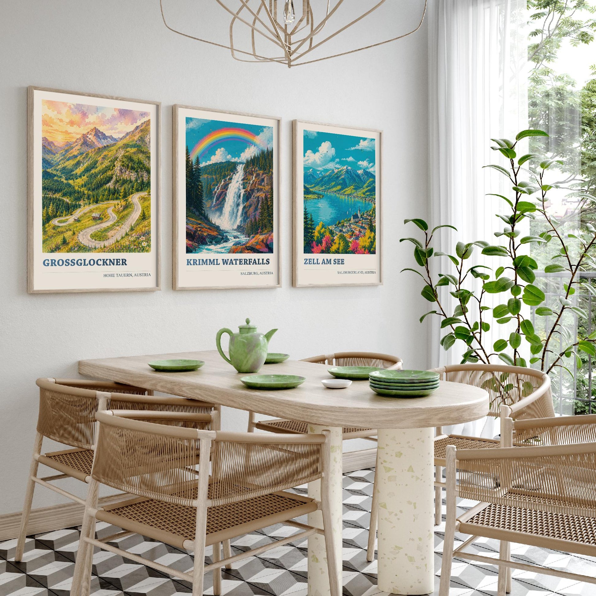 Austria Alps Set of Three Prints | Grossglockner Krimml Waterfalls Zell am See | Rainbow Alpine Painting Posters Wall Art V2