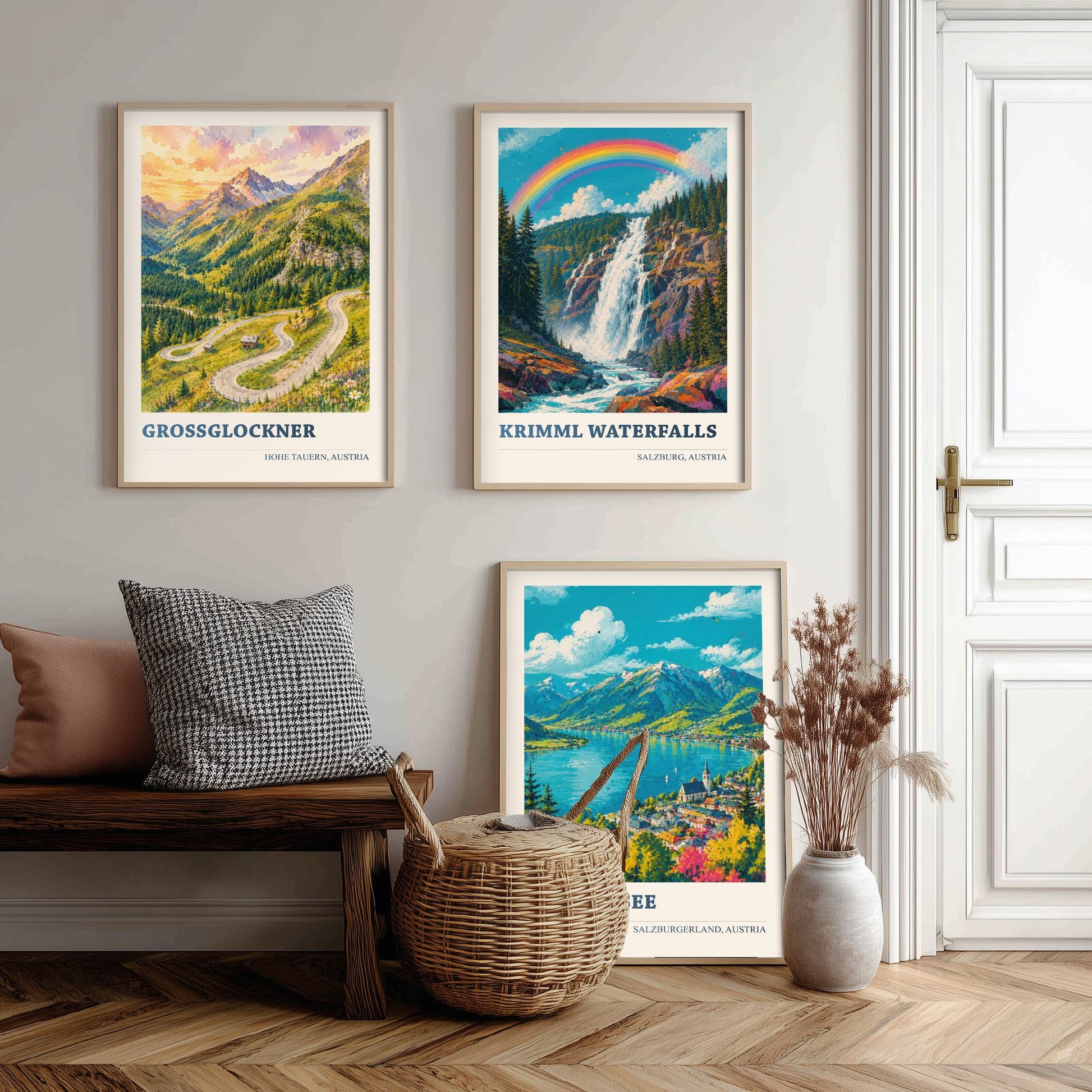 Austria Alps Set of Three Prints | Grossglockner Krimml Waterfalls Zell am See | Rainbow Alpine Painting Posters Wall Art V2