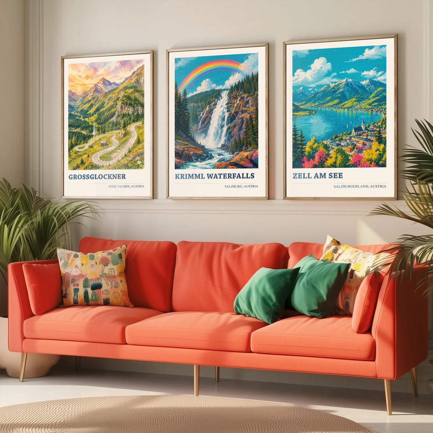 Austria Alps Set of Three Prints | Grossglockner Krimml Waterfalls Zell am See | Rainbow Alpine Painting Posters Wall Art V2