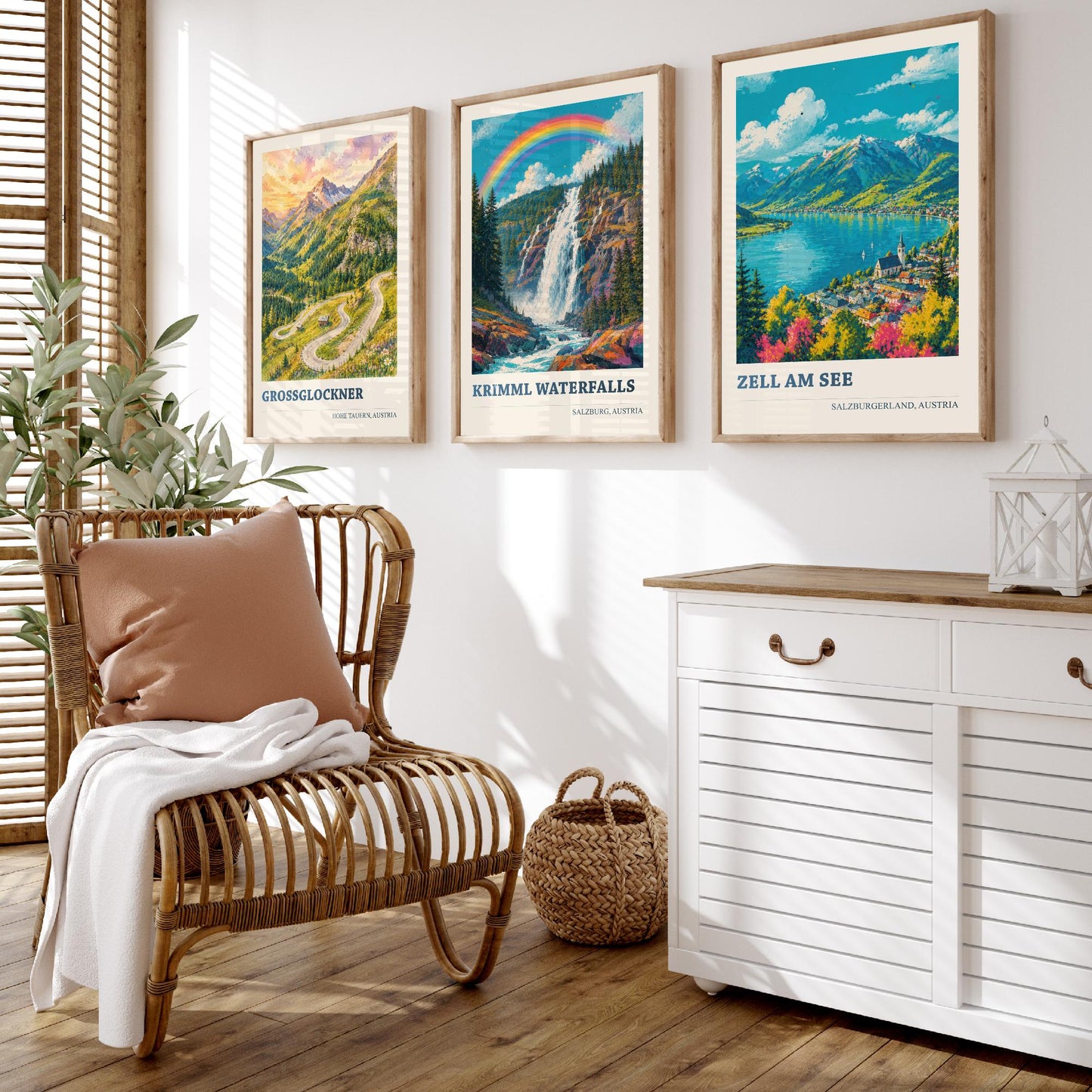 Austria Alps Set of Three Prints | Grossglockner Krimml Waterfalls Zell am See | Rainbow Alpine Painting Posters Wall Art V2