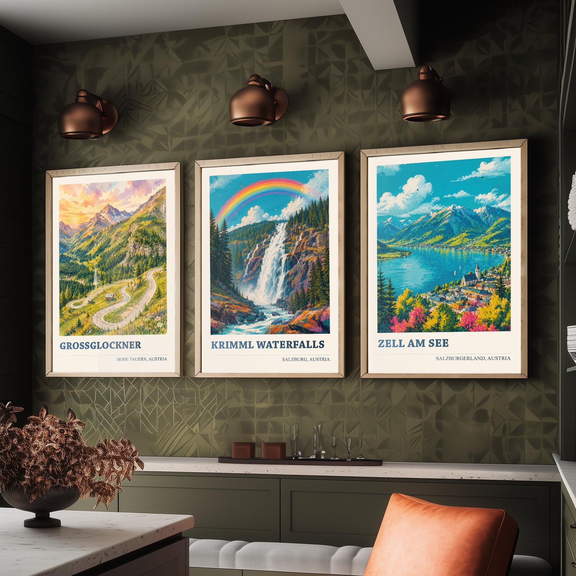 Austria Alps Set of Three Prints | Grossglockner Krimml Waterfalls Zell am See | Rainbow Alpine Painting Posters Wall Art V2