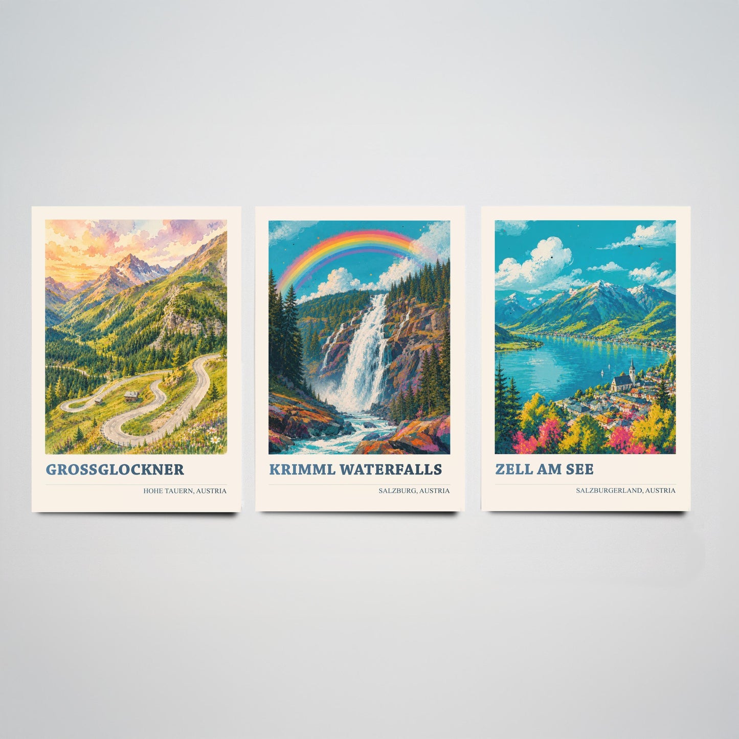 Austria Alps Set of Three Prints | Grossglockner Krimml Waterfalls Zell am See | Rainbow Alpine Painting Posters Wall Art V2