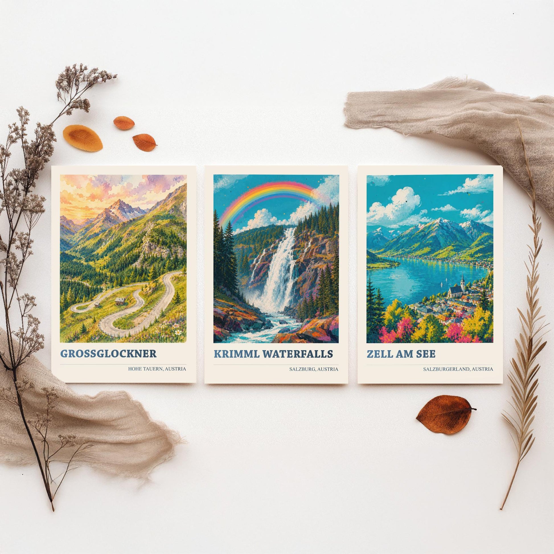 Austria Alps Set of Three Prints | Grossglockner Krimml Waterfalls Zell am See | Rainbow Alpine Painting Posters Wall Art V2