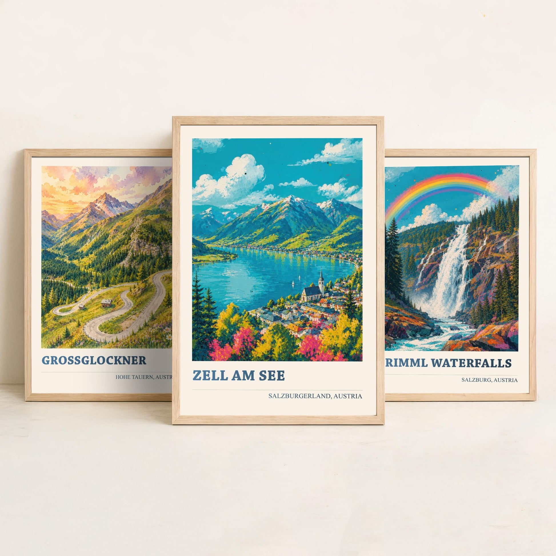 Austria Alps Set of Three Prints | Grossglockner Krimml Waterfalls Zell am See | Rainbow Alpine Painting Posters Wall Art V2