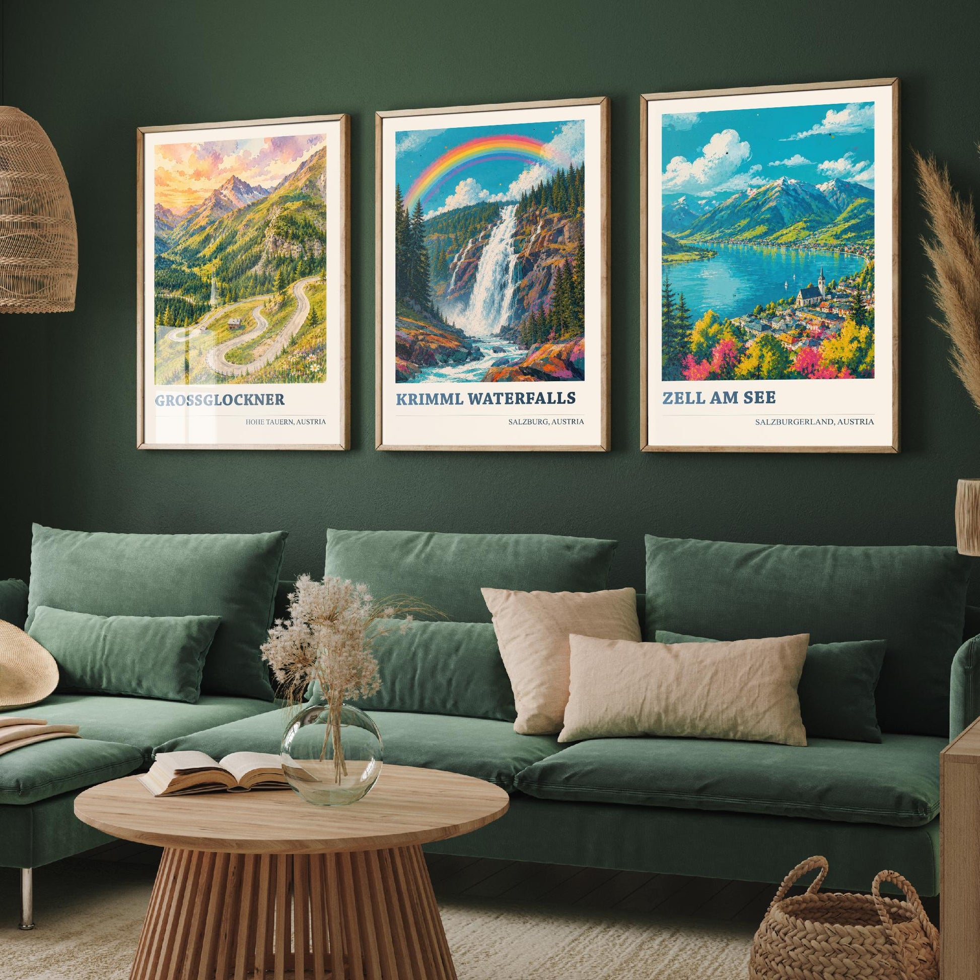 Austria Alps Set of Three Prints | Grossglockner Krimml Waterfalls Zell am See | Rainbow Alpine Painting Posters Wall Art V2