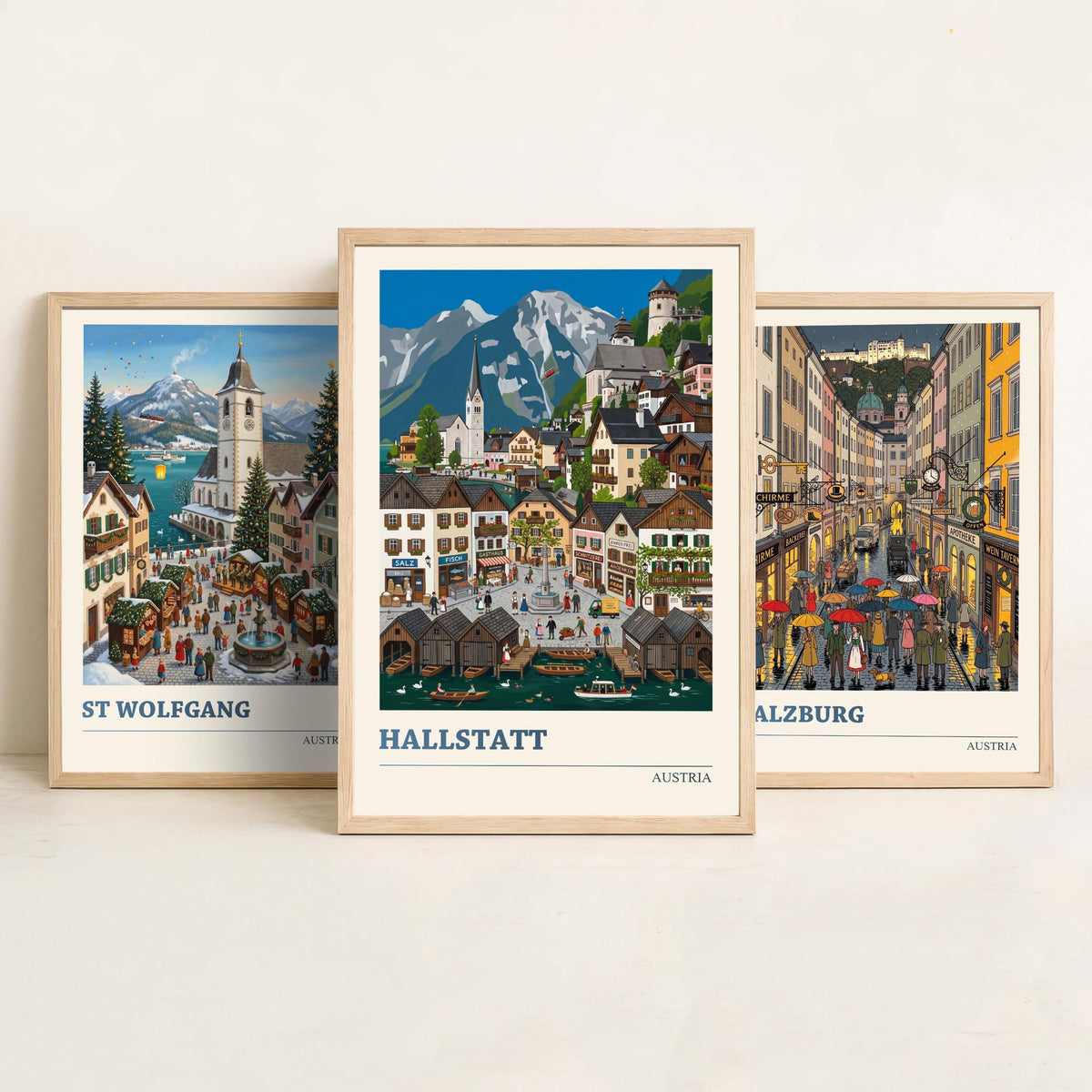 Austria Set of Three Art Prints - St Wolfgang, Salzburg, Hallstatt - 3 Colourful Folk Illustration Travel Posters - Alpine Painting