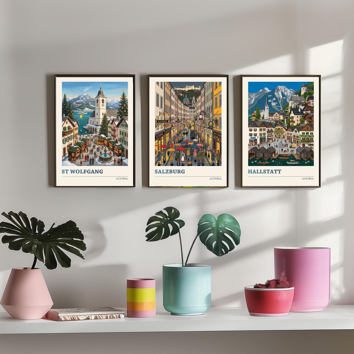 Austria Set of Three Art Prints - St Wolfgang, Salzburg, Hallstatt - 3 Colourful Folk Illustration Travel Posters - Alpine Painting