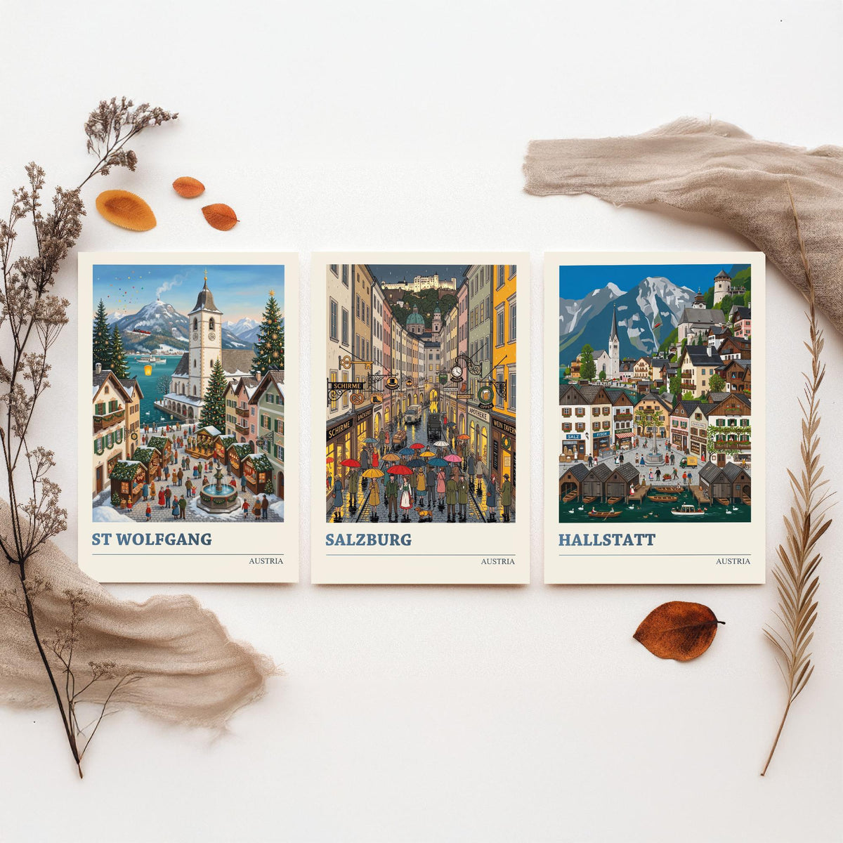 Austria Set of Three Art Prints - St Wolfgang, Salzburg, Hallstatt - 3 Colourful Folk Illustration Travel Posters - Alpine Painting