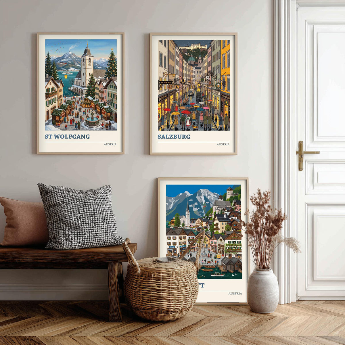 Austria Set of Three Art Prints - St Wolfgang, Salzburg, Hallstatt - 3 Colourful Folk Illustration Travel Posters - Alpine Painting