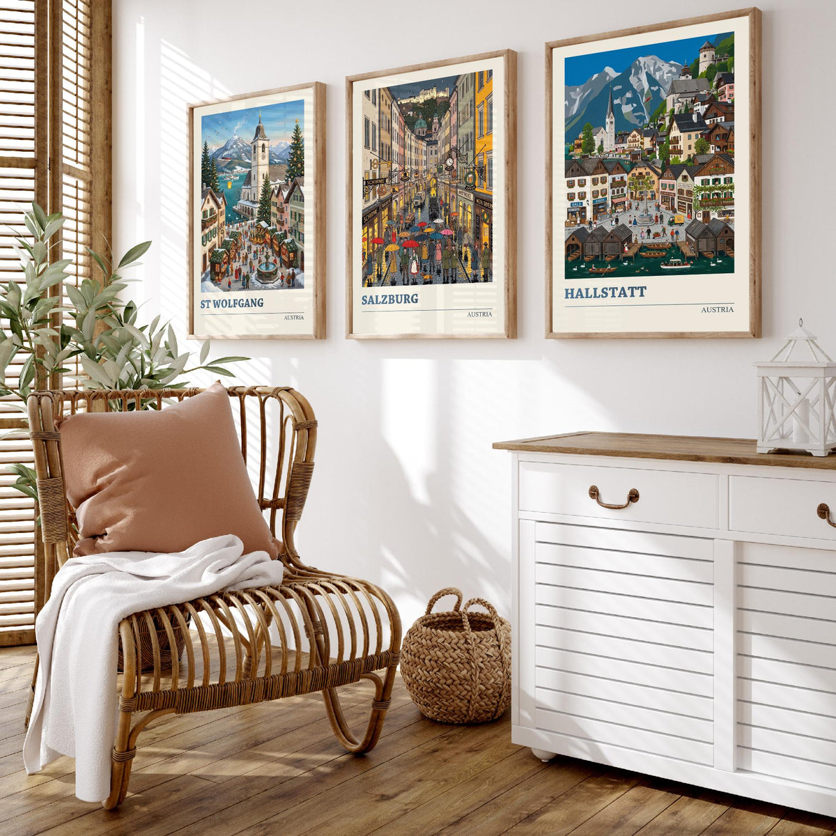 Austria Set of Three Art Prints - St Wolfgang, Salzburg, Hallstatt - 3 Colourful Folk Illustration Travel Posters - Alpine Painting