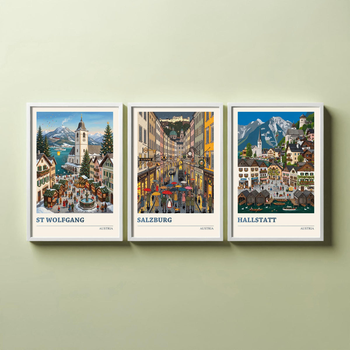 Austria Set of Three Art Prints - St Wolfgang, Salzburg, Hallstatt - 3 Colourful Folk Illustration Travel Posters - Alpine Painting