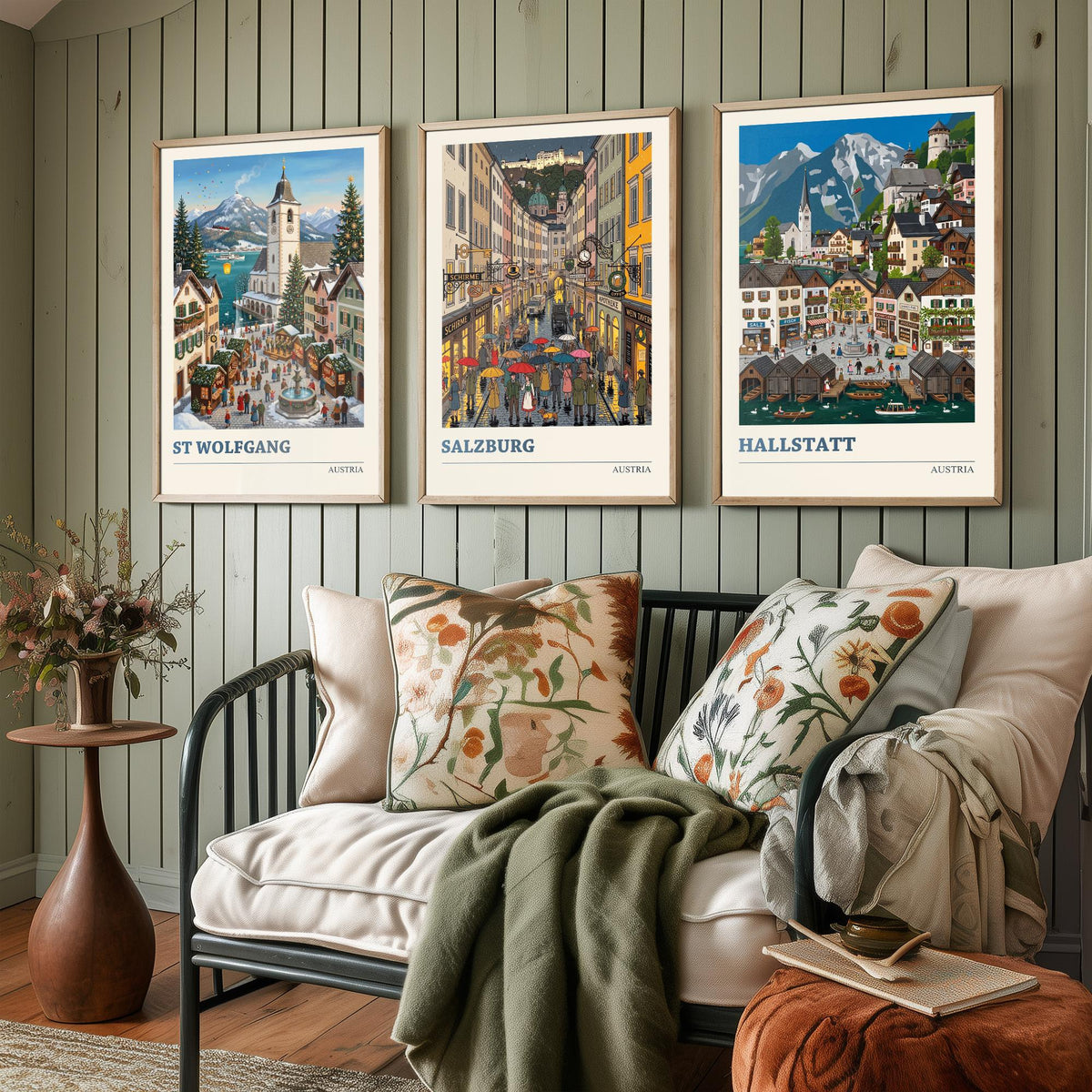 Austria Set of Three Art Prints - St Wolfgang, Salzburg, Hallstatt - 3 Colourful Folk Illustration Travel Posters - Alpine Painting