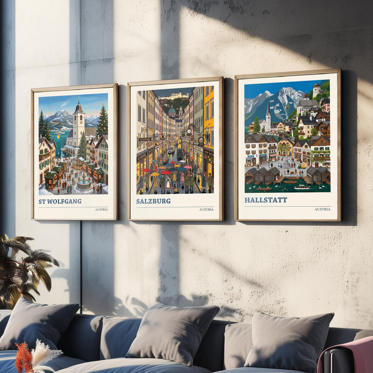 Austria Set of Three Art Prints - St Wolfgang, Salzburg, Hallstatt - 3 Colourful Folk Illustration Travel Posters - Alpine Painting