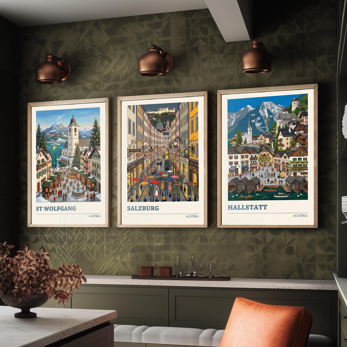 Austria Set of Three Art Prints - St Wolfgang, Salzburg, Hallstatt - 3 Colourful Folk Illustration Travel Posters - Alpine Painting