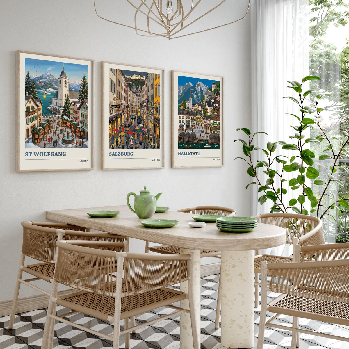 Austria Set of Three Art Prints - St Wolfgang, Salzburg, Hallstatt - 3 Colourful Folk Illustration Travel Posters - Alpine Painting