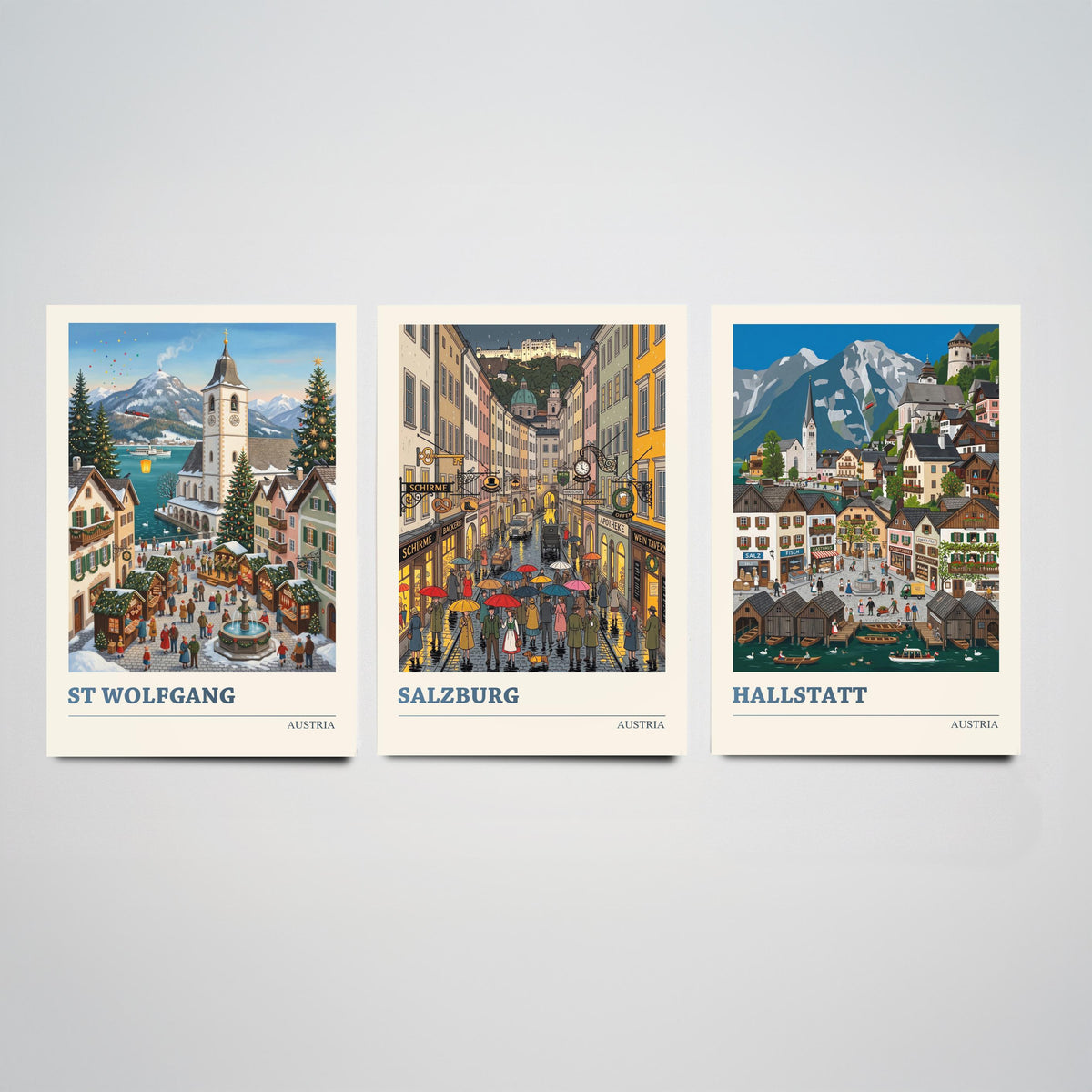 Austria Set of Three Art Prints - St Wolfgang, Salzburg, Hallstatt - 3 Colourful Folk Illustration Travel Posters - Alpine Painting
