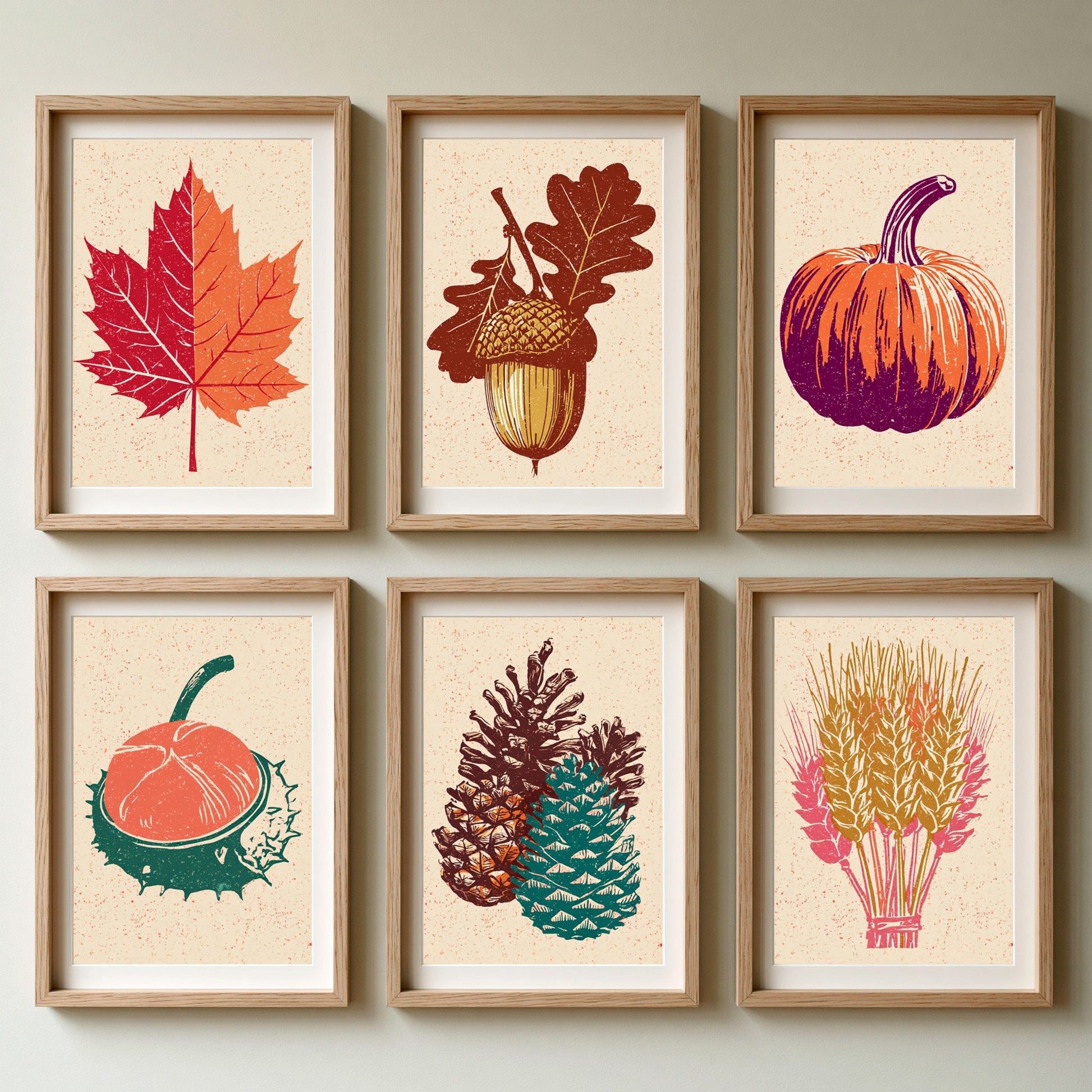 Set of Six Autumn Harvest Linocut Art Prints - 6 Fall Block Print Posters - Maple Leaf Acorn Pumpkin Pinecone Wheat Illustration