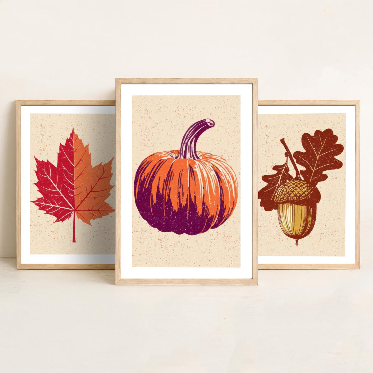 Autumn Harvest Maple Leaf, Acorn and Pumpkin Set of Three Art Prints - Linocut Style Woodcut Poster - Rustic Fall Kitchen Decor V1