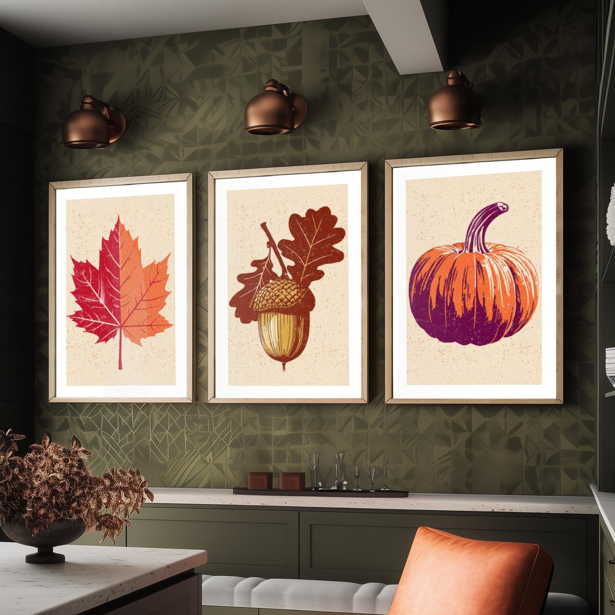 Autumn Harvest Maple Leaf, Acorn and Pumpkin Set of Three Art Prints - Linocut Style Woodcut Poster - Rustic Fall Kitchen Decor V1