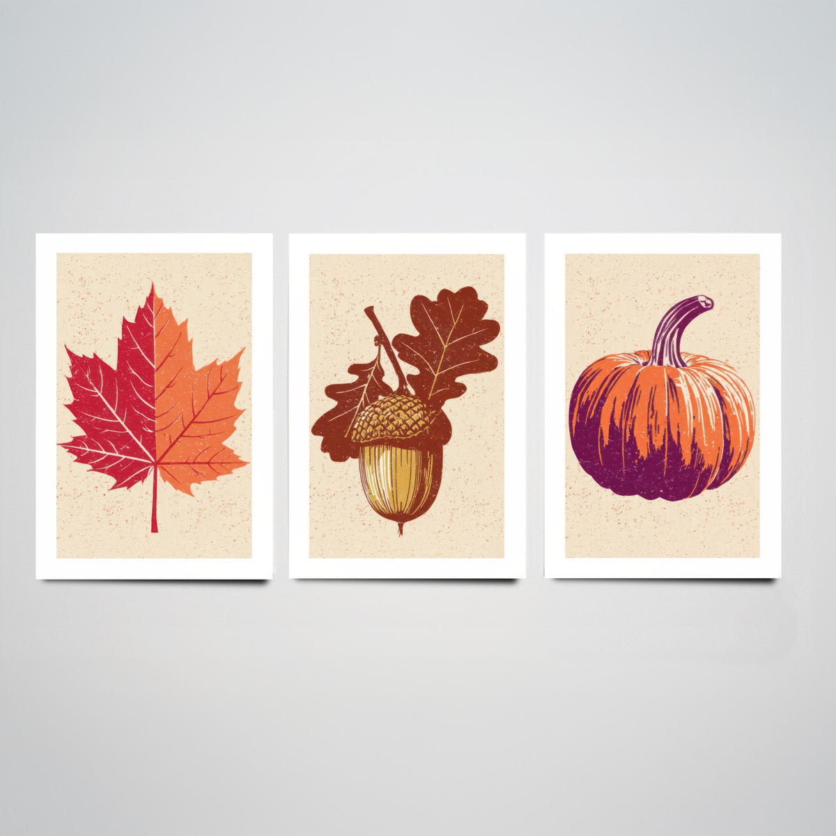 Autumn Harvest Maple Leaf, Acorn and Pumpkin Set of Three Art Prints - Linocut Style Woodcut Poster - Rustic Fall Kitchen Decor V1