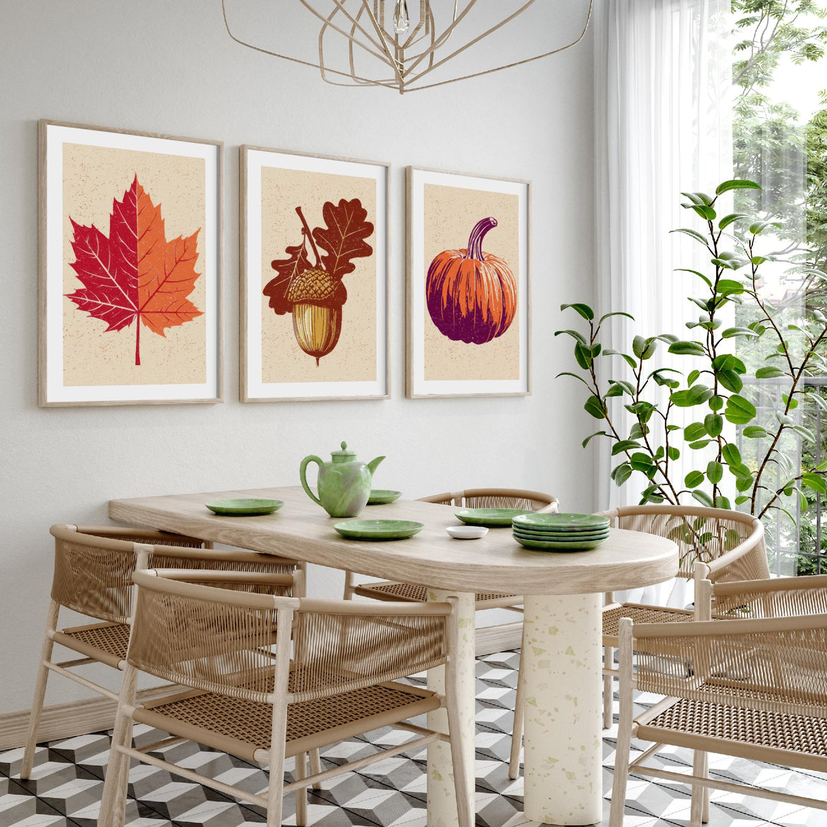 Autumn Harvest Maple Leaf, Acorn and Pumpkin Set of Three Art Prints - Linocut Style Woodcut Poster - Rustic Fall Kitchen Decor V1
