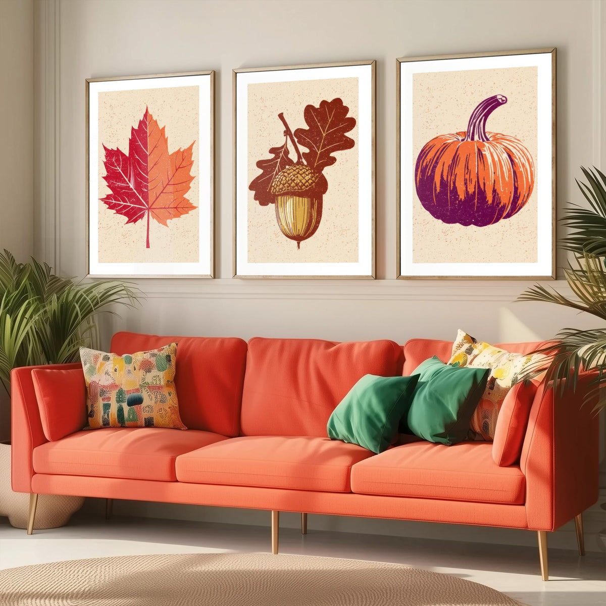 Autumn Harvest Maple Leaf, Acorn and Pumpkin Set of Three Art Prints - Linocut Style Woodcut Poster - Rustic Fall Kitchen Decor V1