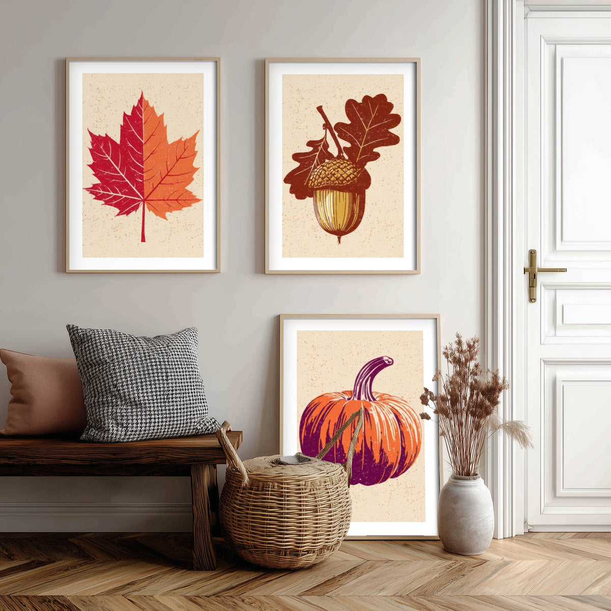 Autumn Harvest Maple Leaf, Acorn and Pumpkin Set of Three Art Prints - Linocut Style Woodcut Poster - Rustic Fall Kitchen Decor V1