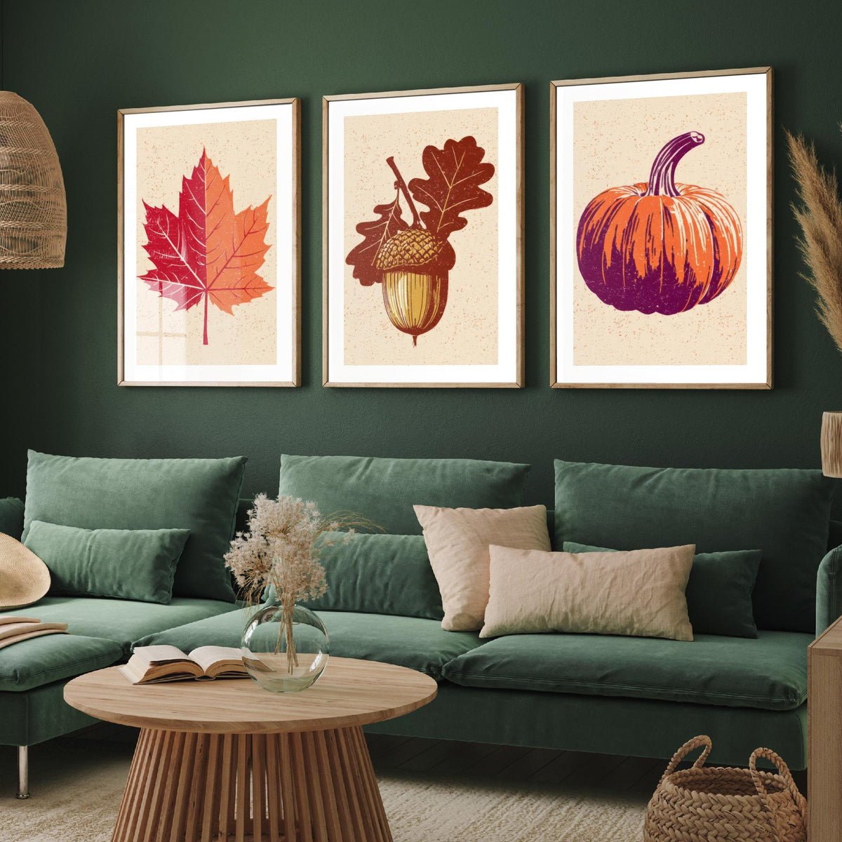 Autumn Harvest Maple Leaf, Acorn and Pumpkin Set of Three Art Prints - Linocut Style Woodcut Poster - Rustic Fall Kitchen Decor V1