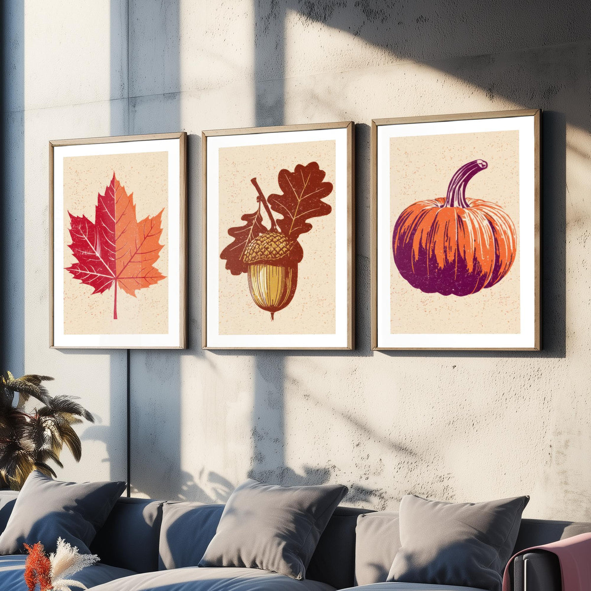 Autumn Harvest Maple Leaf, Acorn and Pumpkin Set of Three Art Prints - Linocut Style Woodcut Poster - Rustic Fall Kitchen Decor V1