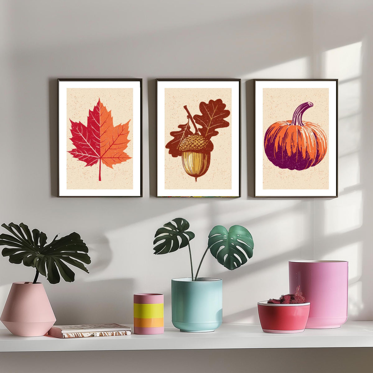 Autumn Harvest Maple Leaf, Acorn and Pumpkin Set of Three Art Prints - Linocut Style Woodcut Poster - Rustic Fall Kitchen Decor V1