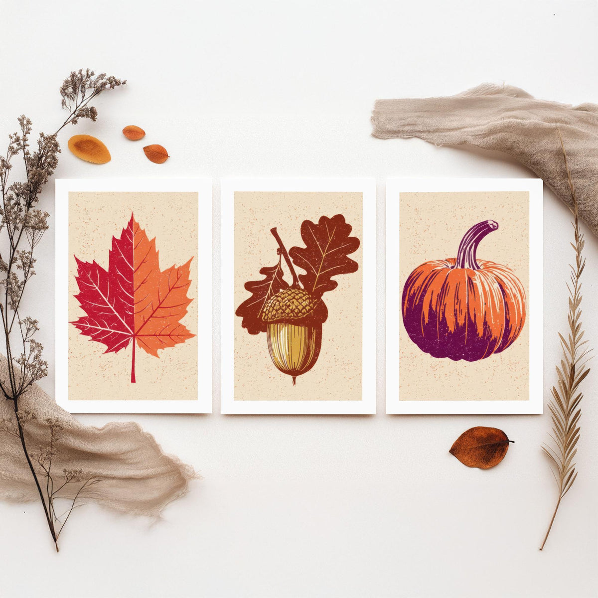 Autumn Harvest Maple Leaf, Acorn and Pumpkin Set of Three Art Prints - Linocut Style Woodcut Poster - Rustic Fall Kitchen Decor V1