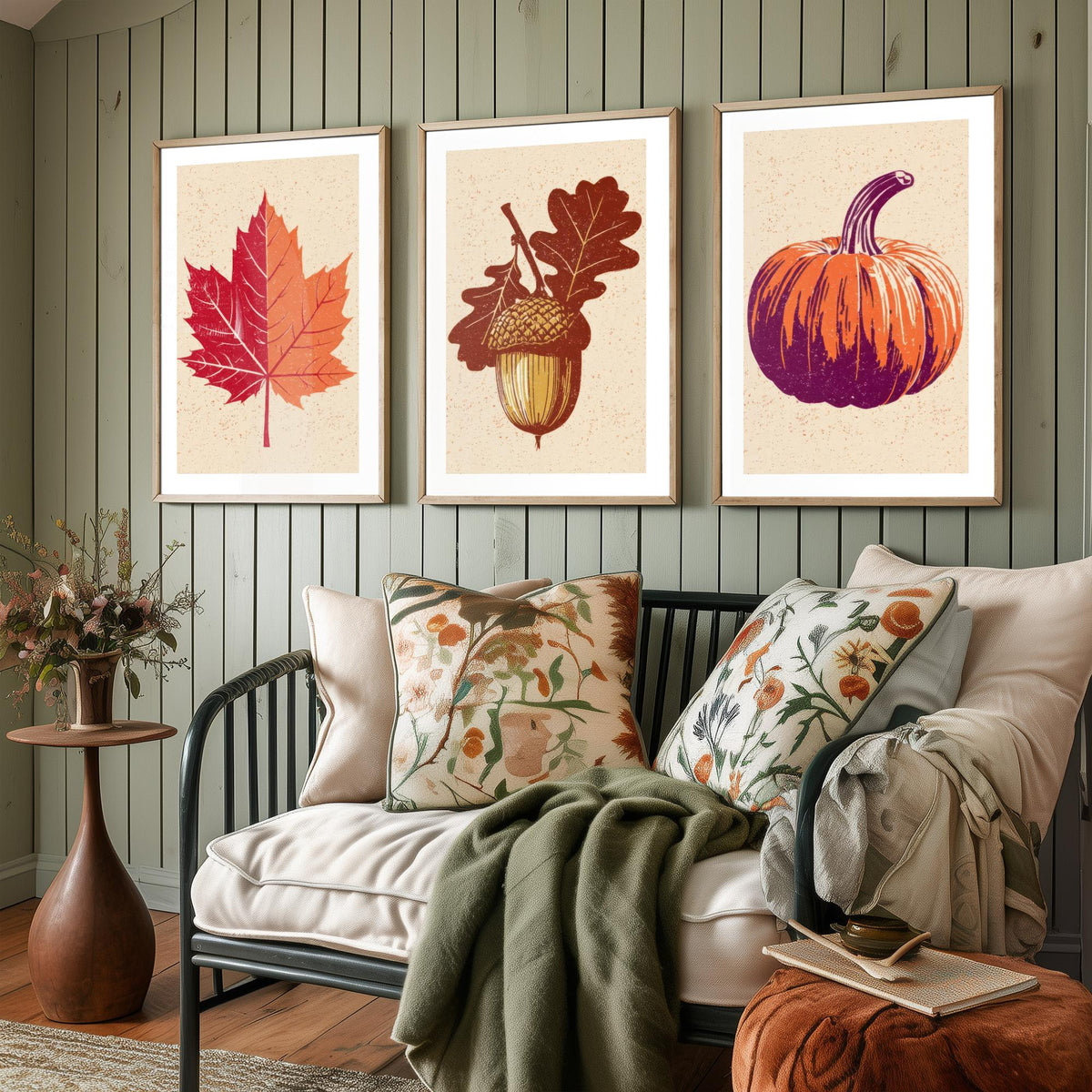 Autumn Harvest Maple Leaf, Acorn and Pumpkin Set of Three Art Prints - Linocut Style Woodcut Poster - Rustic Fall Kitchen Decor V1