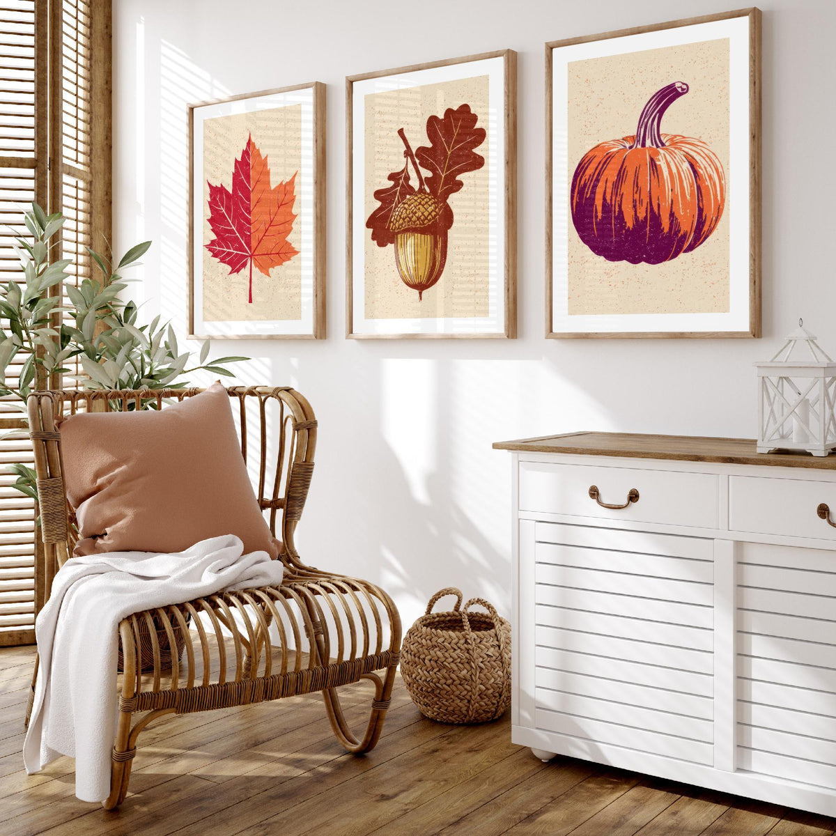 Autumn Harvest Maple Leaf, Acorn and Pumpkin Set of Three Art Prints - Linocut Style Woodcut Poster - Rustic Fall Kitchen Decor V1